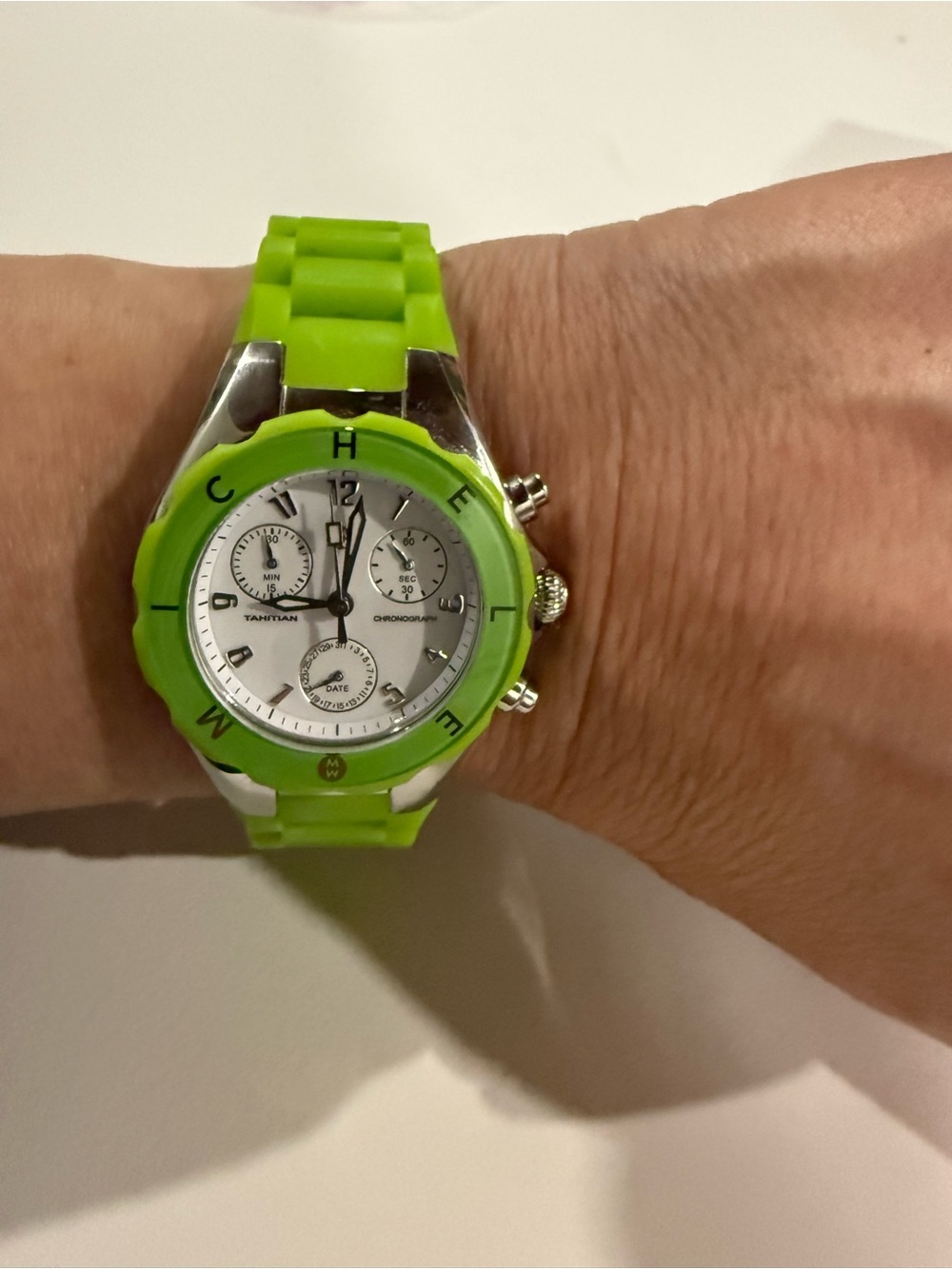 Michele NeonLime Green Jelly Bean Silicone Bezel Chronograph Watch - Picture 6 of 6